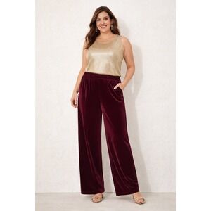 Chicos Velvet Wide Leg Pants Burgundy Pull-On Dressy Lagenlook Size 3P XL Petite